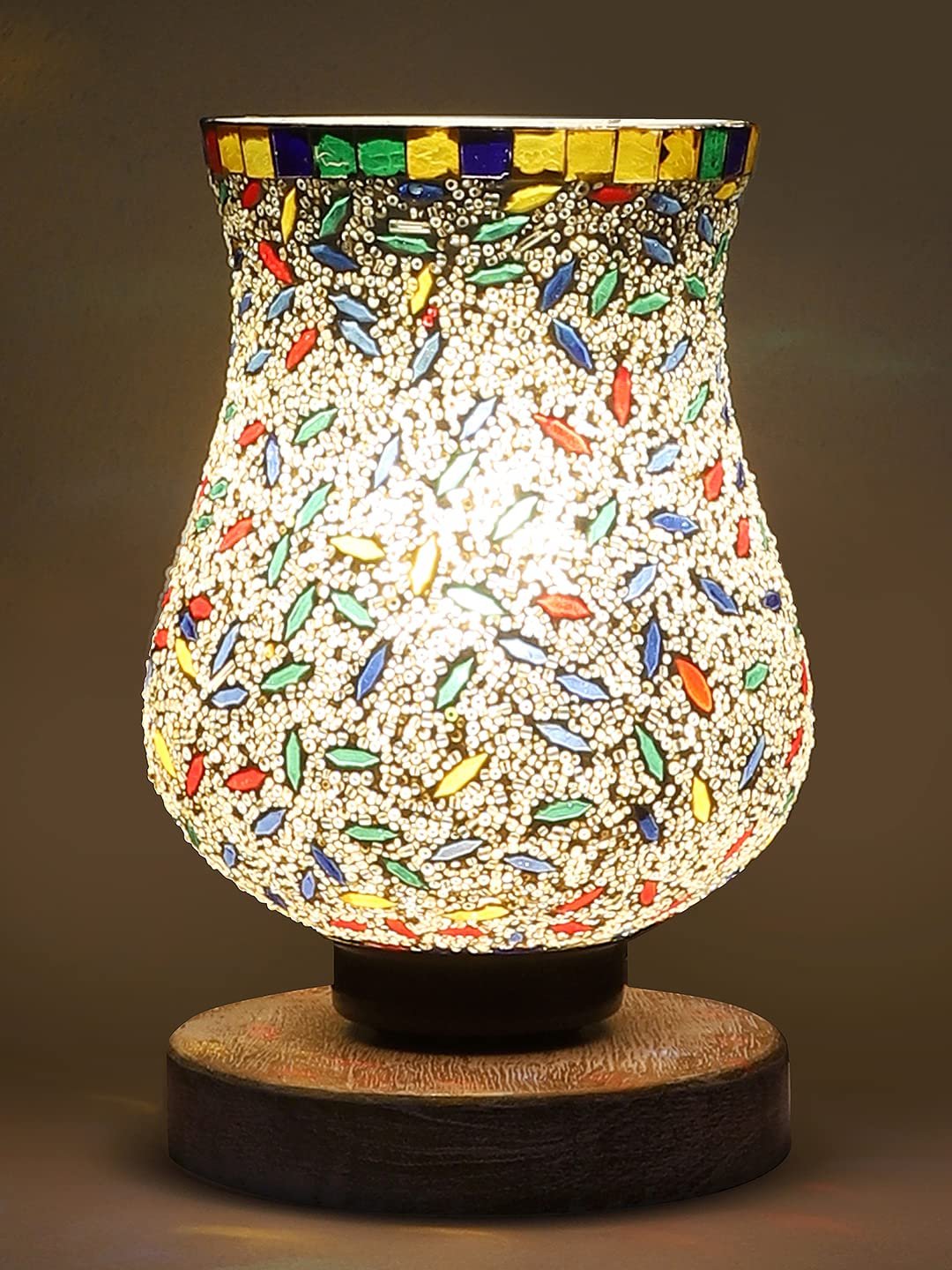 White Brushed Wood Round Table lamp with Mosaic Glass -FD29