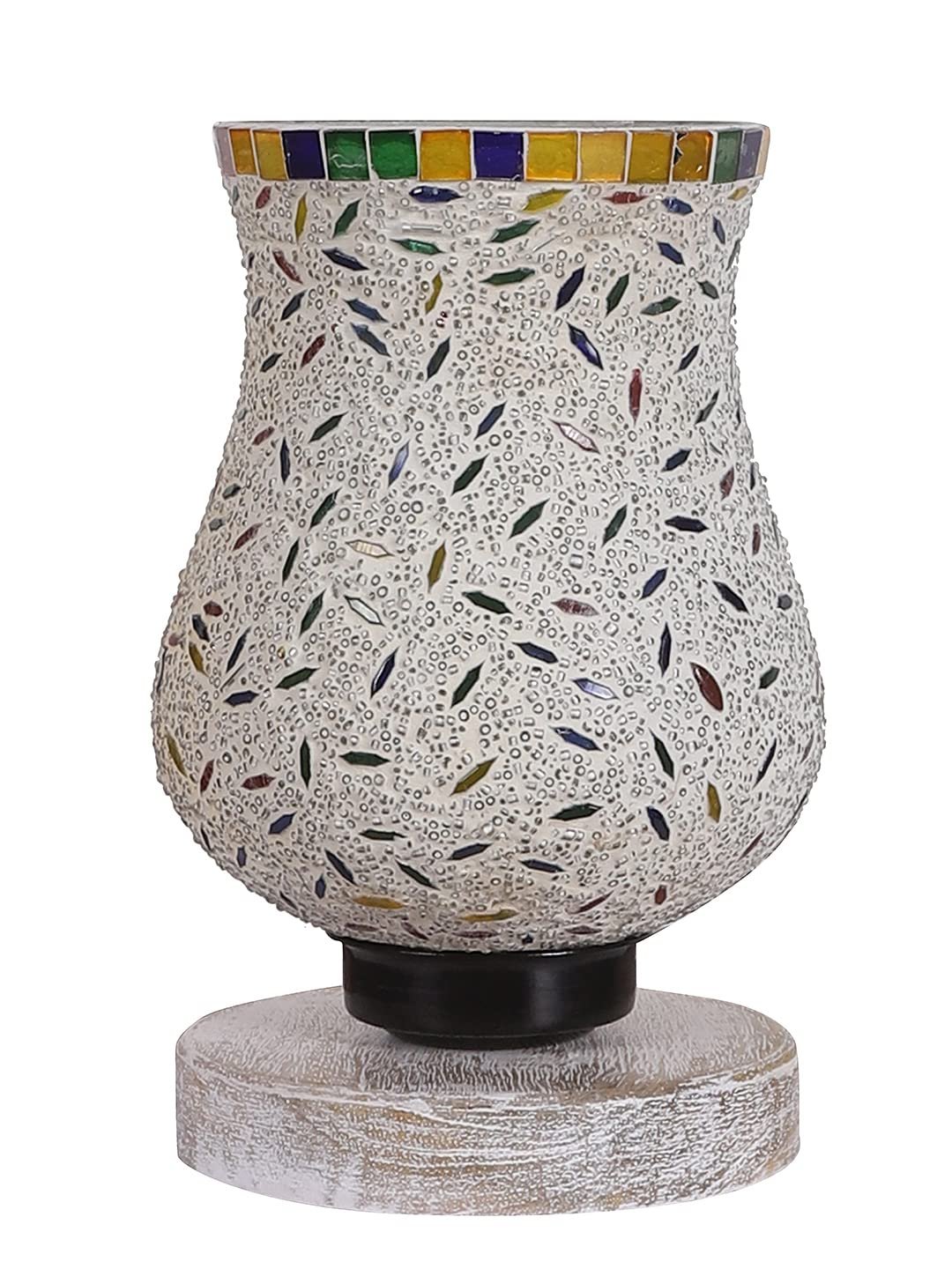 White Brushed Wood Round Table lamp with Mosaic Glass -FD29