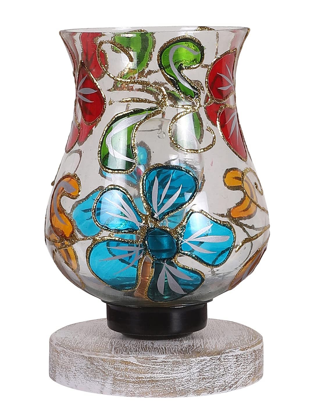 White Brushed Wood Round Table lamp with Mosaic Glass -FD30