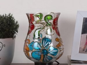 White Brushed Wood Round Table lamp with Mosaic Glass -FD30