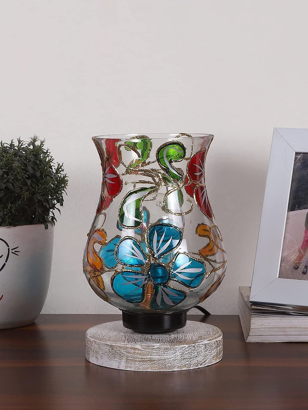 White Brushed Wood Round Table lamp with Mosaic Glass -FD30