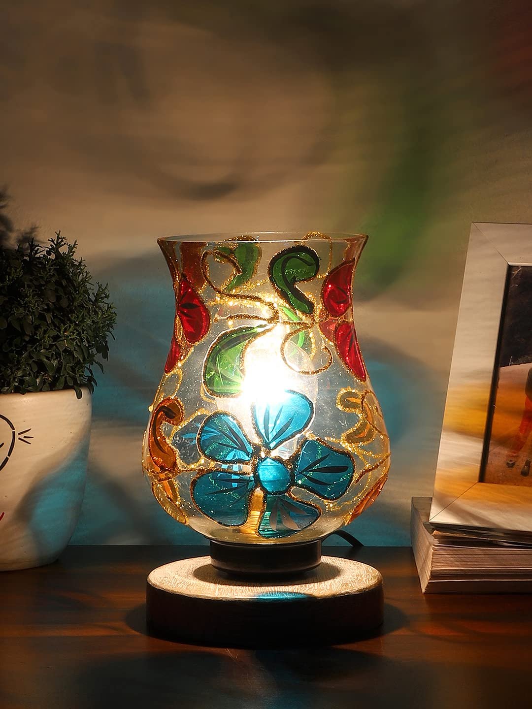 White Brushed Wood Round Table lamp with Mosaic Glass -FD30