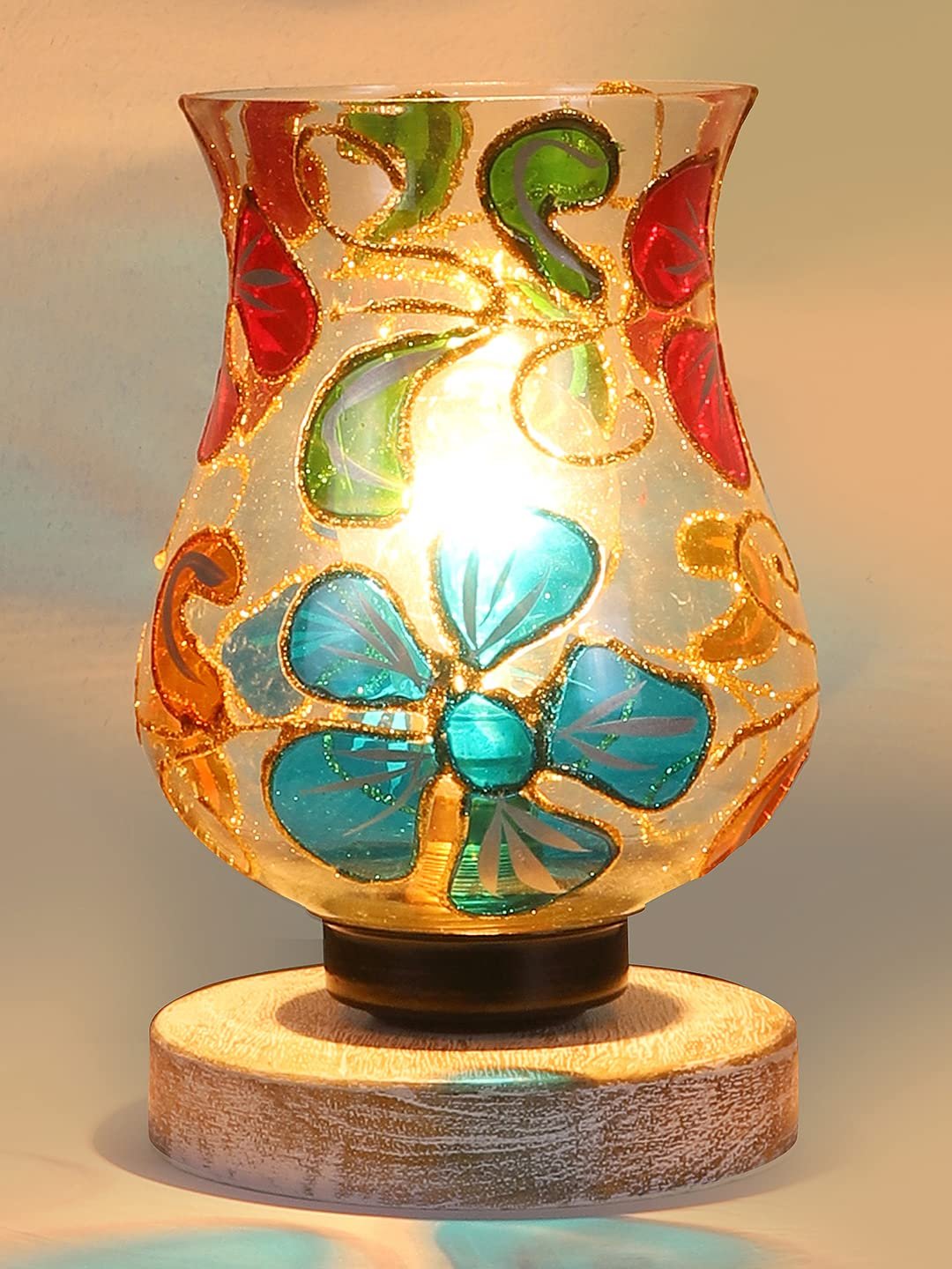 White Brushed Wood Round Table lamp with Mosaic Glass -FD30