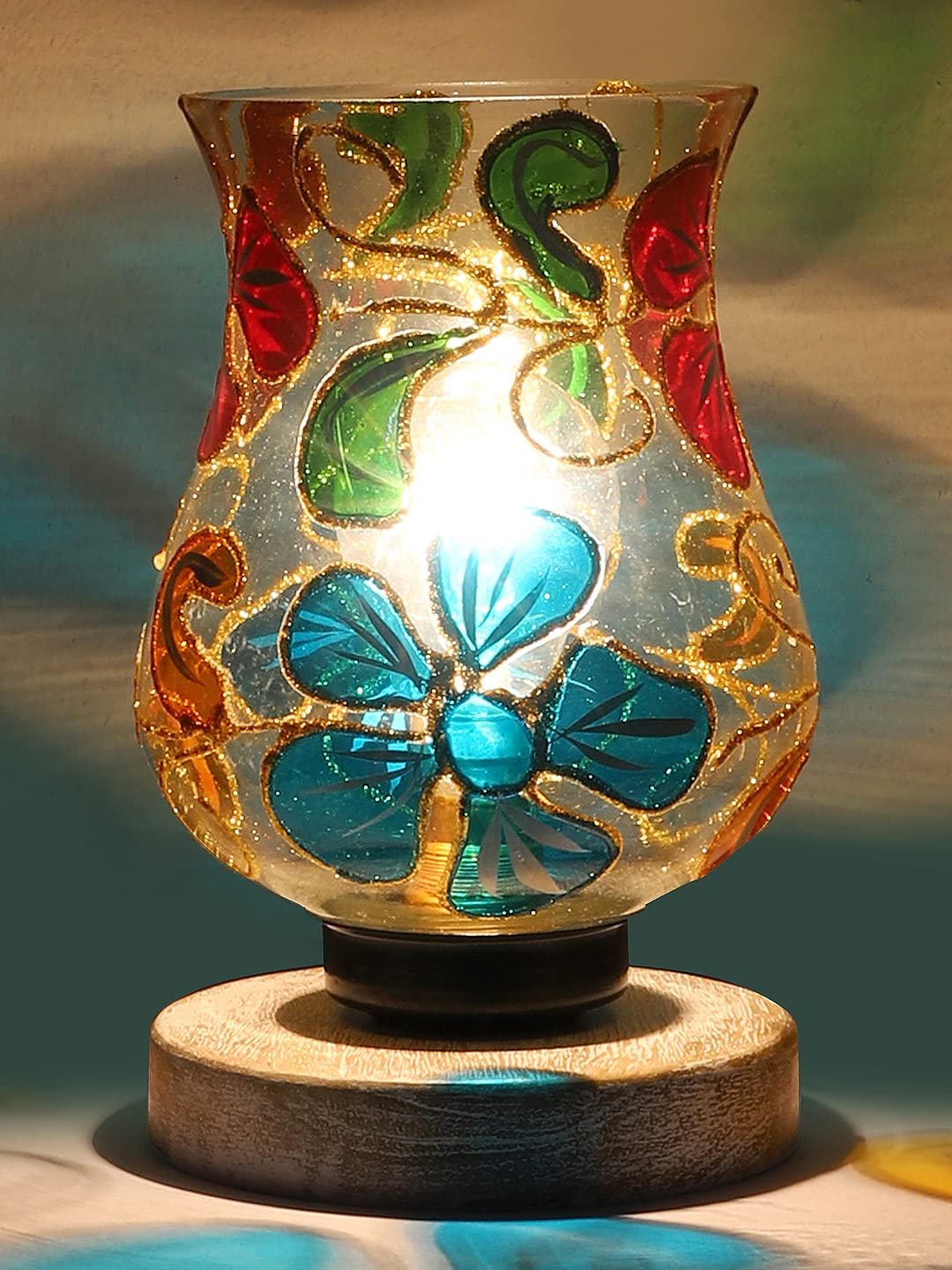 White Brushed Wood Round Table lamp with Mosaic Glass -FD30