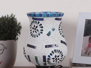 White Wood Round Table lamp with Mosaic Glass -FD31
