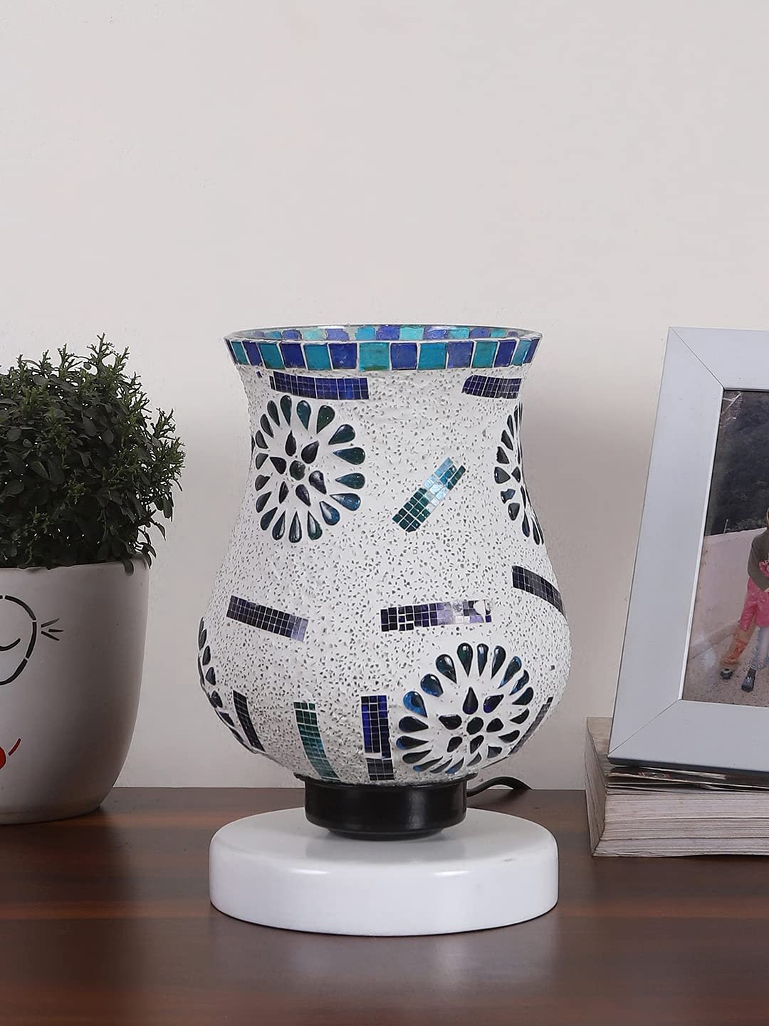 White Wood Round Table lamp with Mosaic Glass -FD31