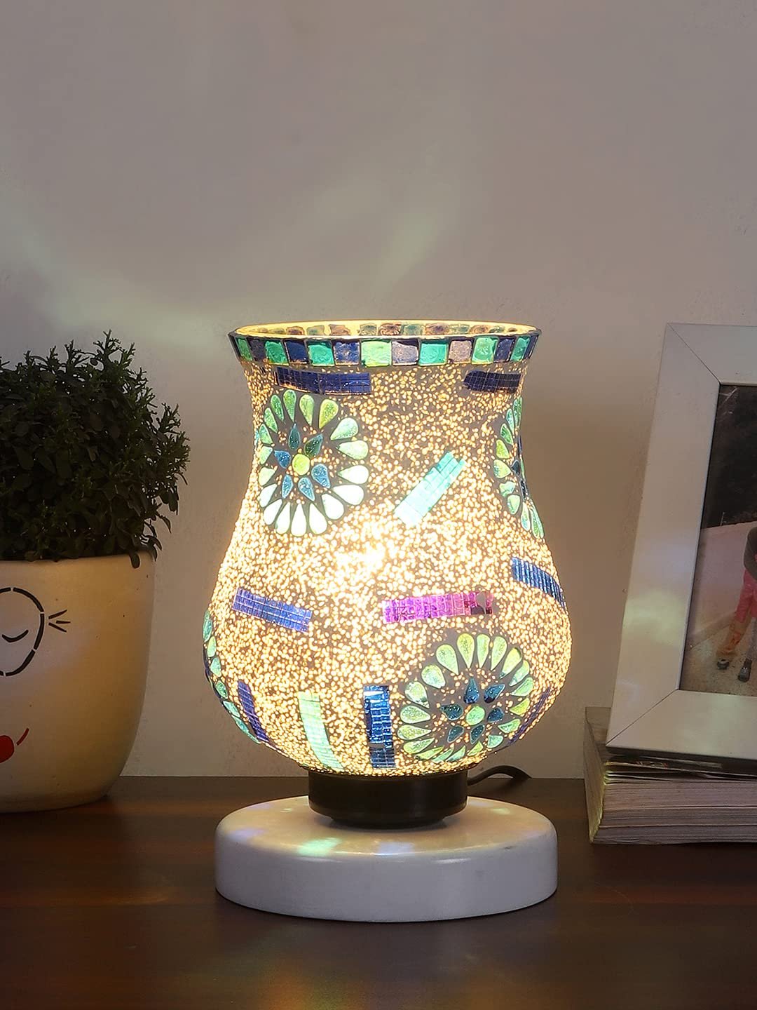White Wood Round Table lamp with Mosaic Glass -FD31