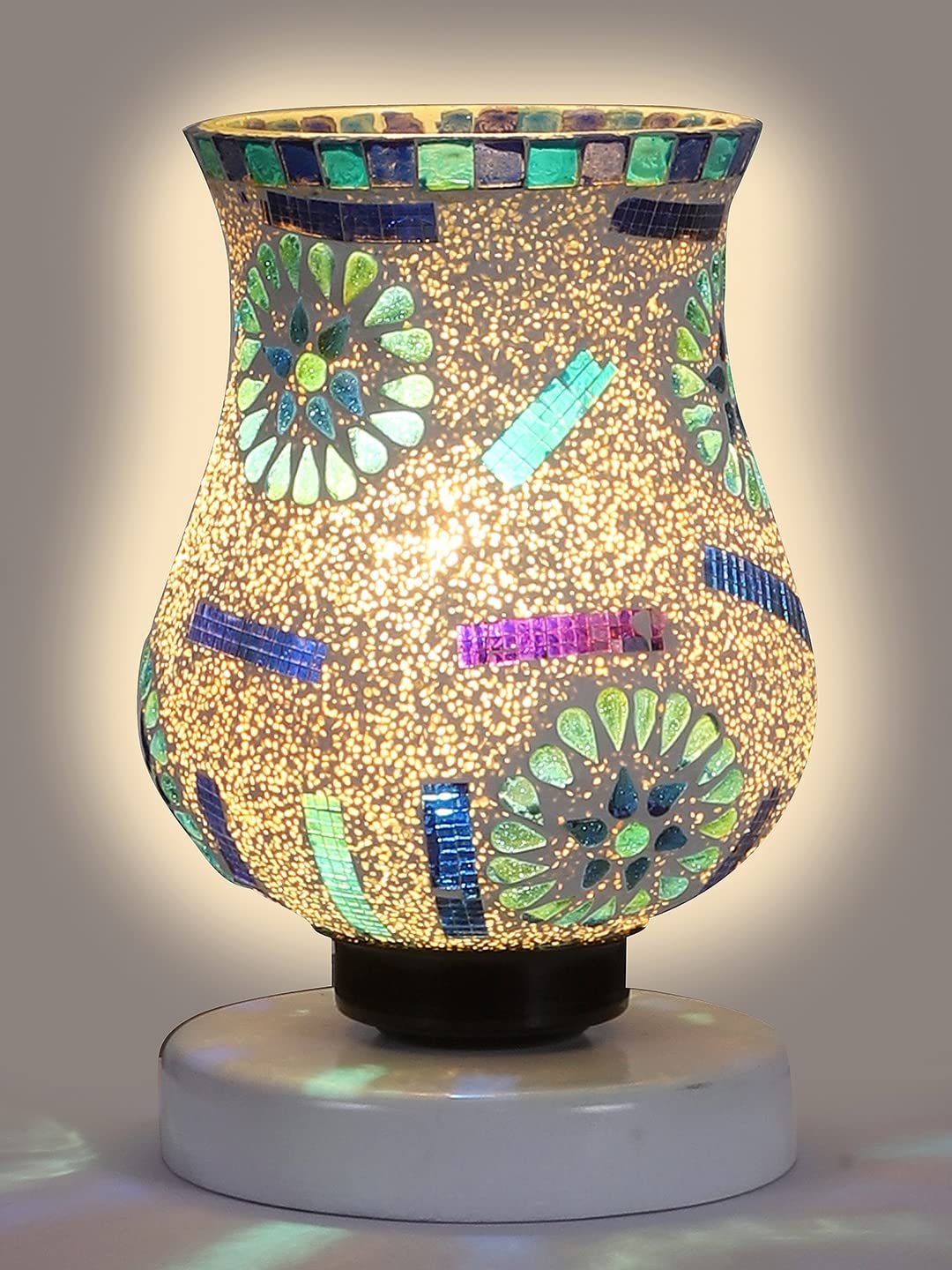 White Wood Round Table lamp with Mosaic Glass -FD32
