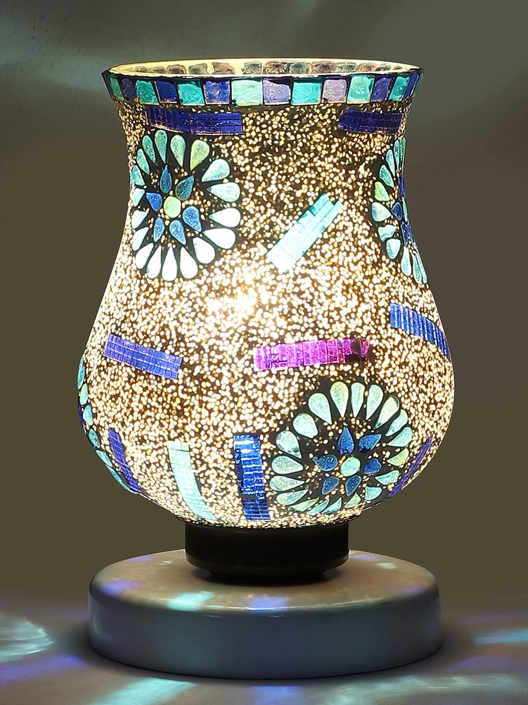 White Wood Round Table lamp with Mosaic Glass -FD32