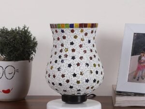 White Wood Round Table lamp with Mosaic Glass -FD33