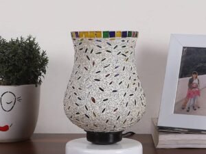 White Wood Round Table lamp with Mosaic Glass -FD34