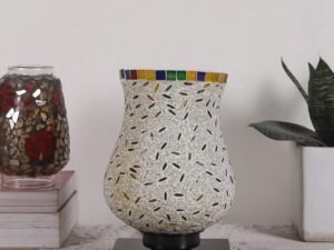White Wood Round Table lamp with Mosaic Glass -FD35