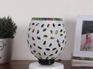 White Wood Round Table lamp with Mosaic Glass -FD36