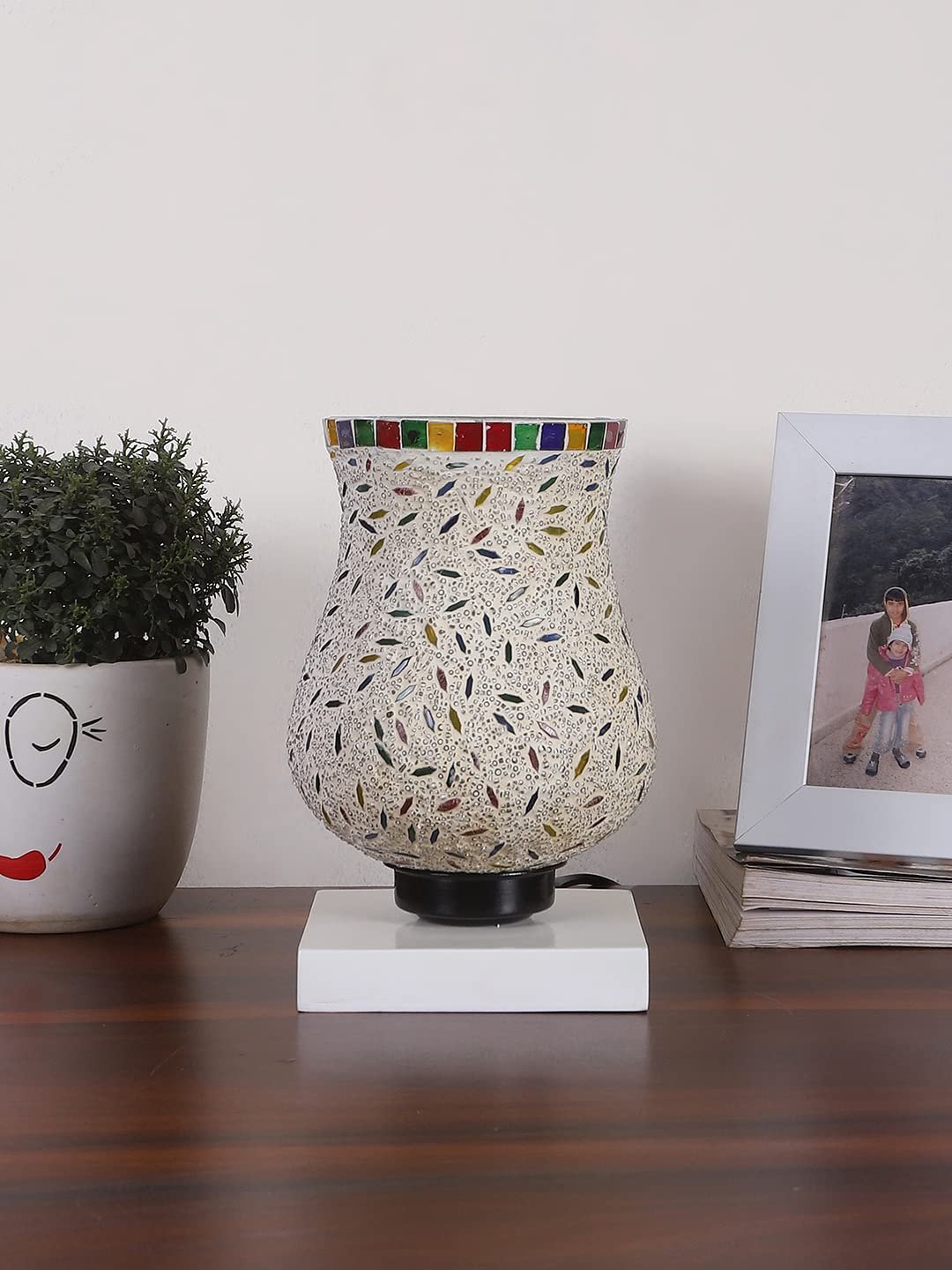 White Wood Square Table lamp with Mosaic Glass -FD38