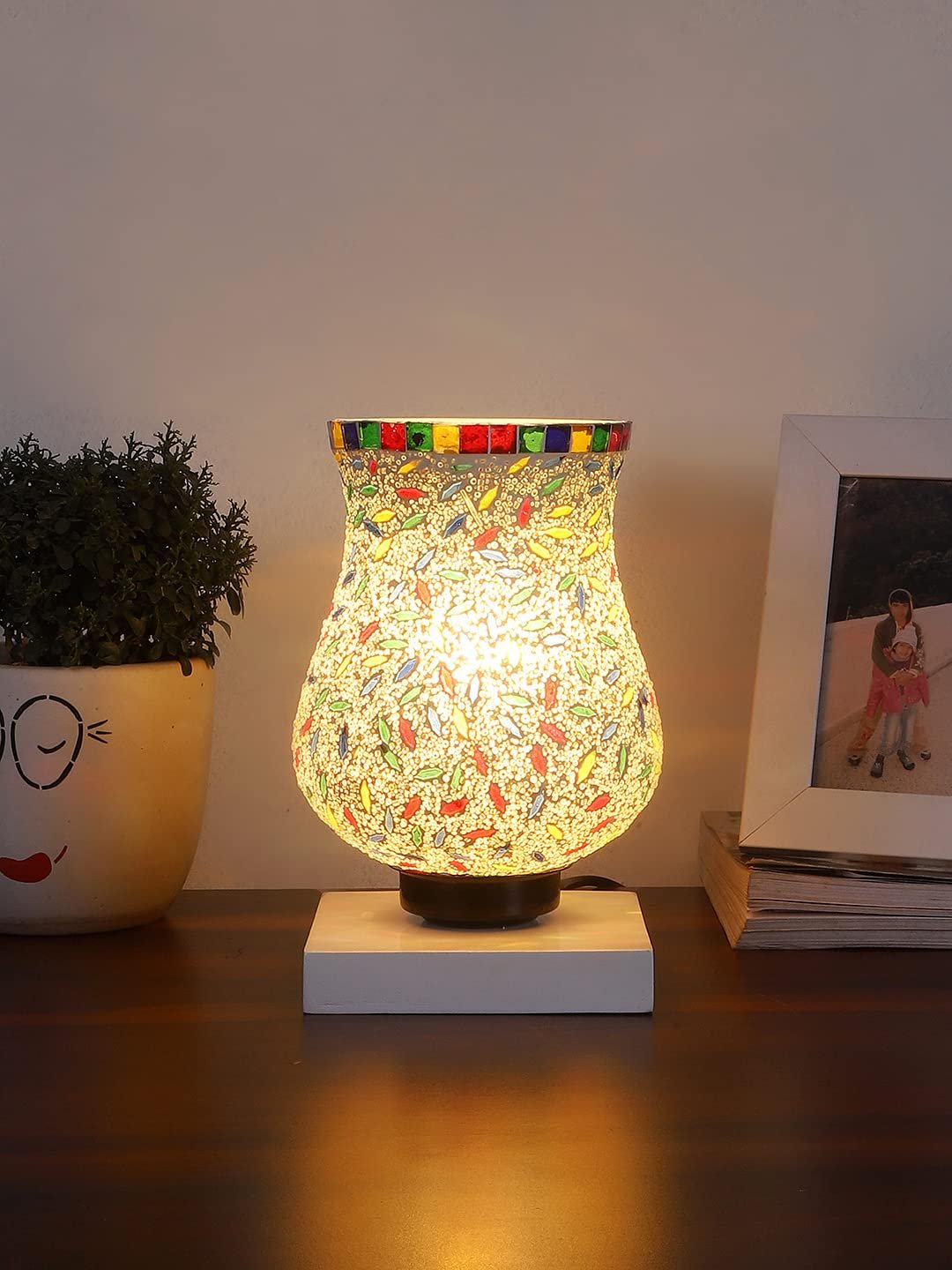 White Wood Square Table lamp with Mosaic Glass -FD38