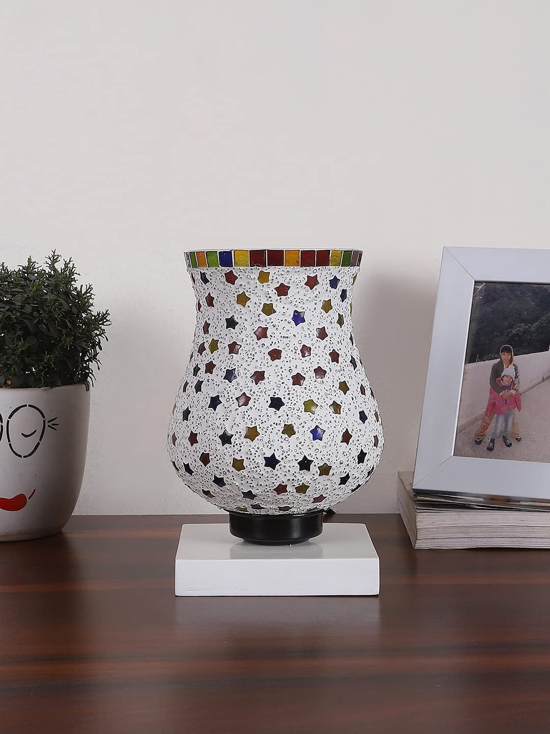 White Wood Square Table lamp with Mosaic Glass -FD40