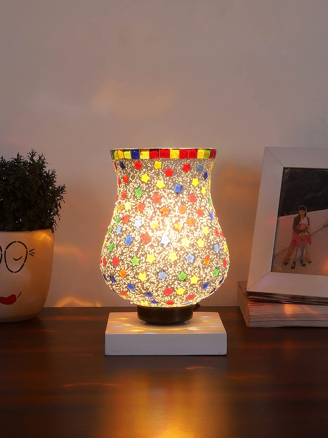 White Wood Square Table lamp with Mosaic Glass -FD40