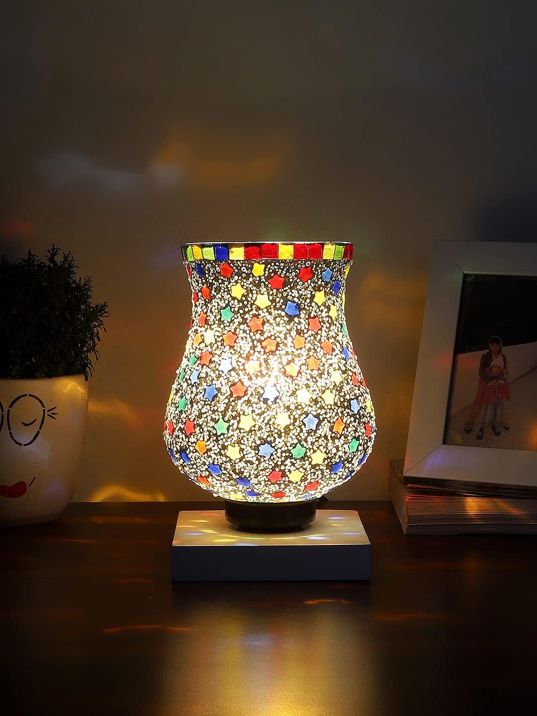 White Wood Square Table lamp with Mosaic Glass -FD40