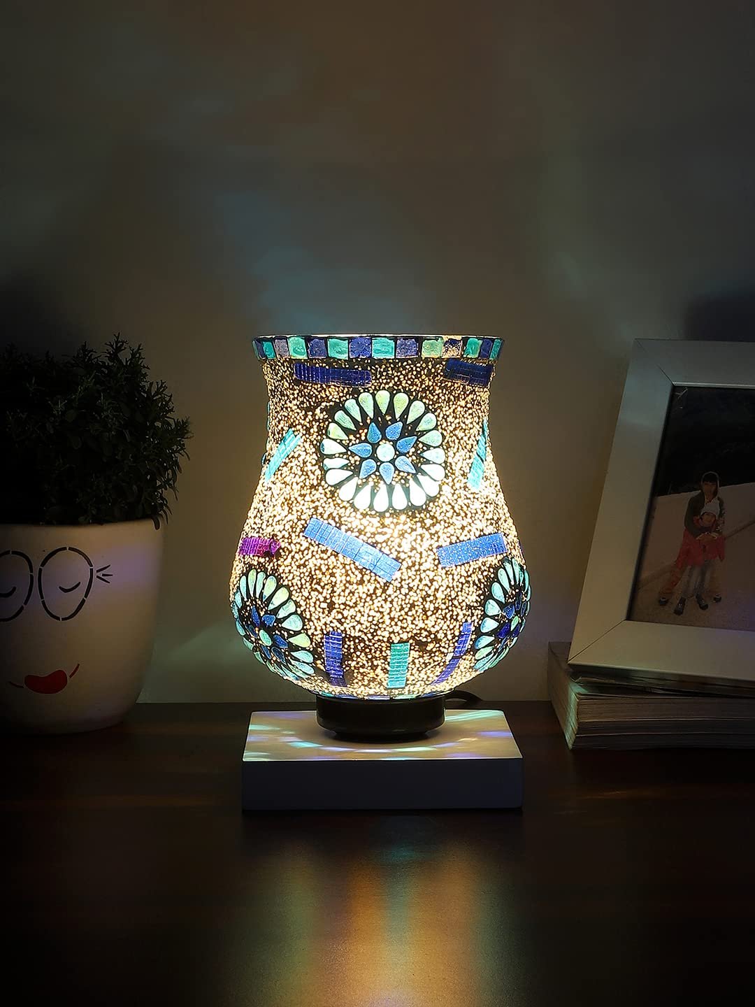 White Wood Square Table lamp with Mosaic Glass -FD42