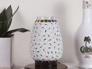 Brown Round Wood Multicolor Mosaic Glass Table Lamp FD43