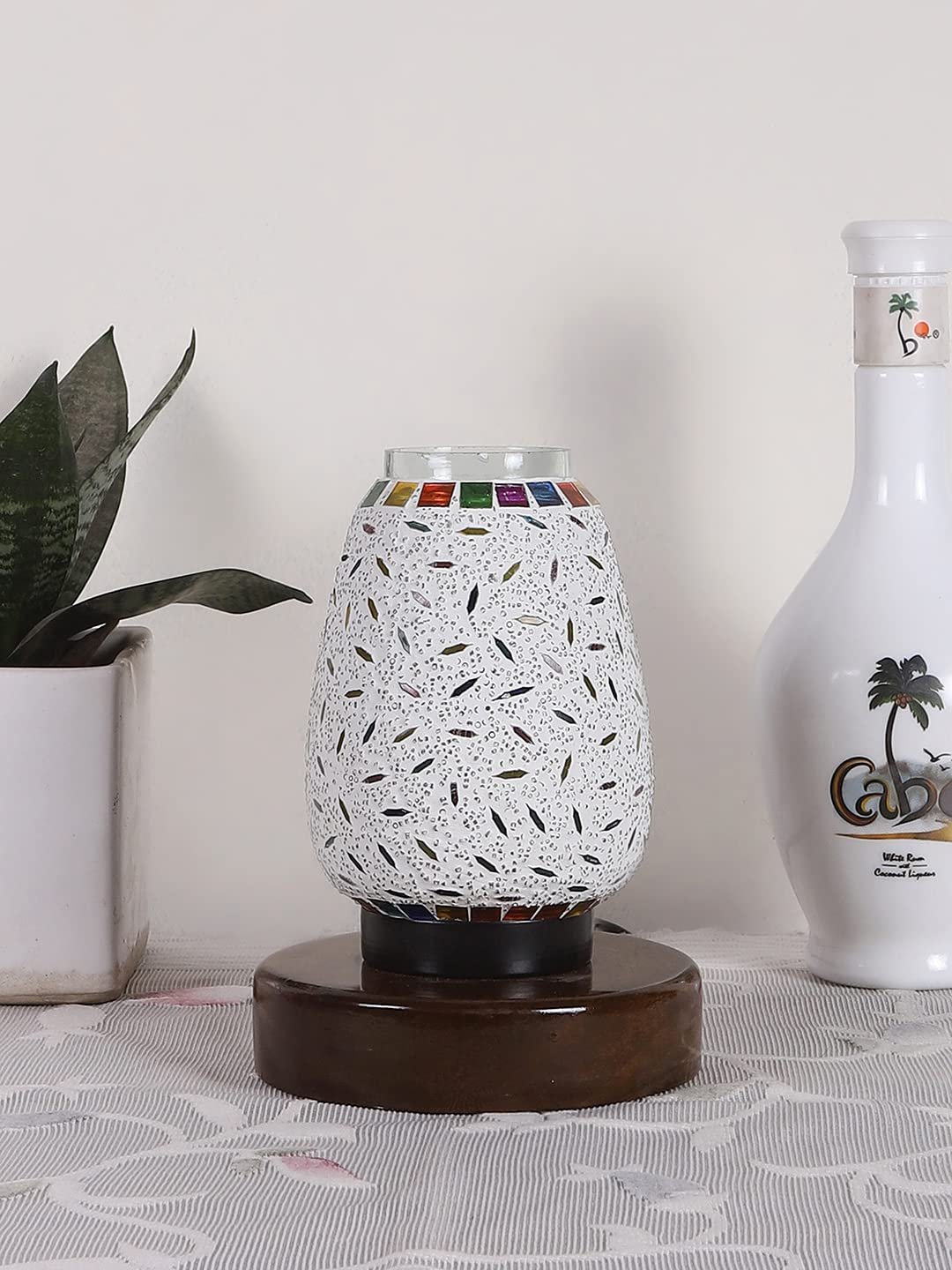 Brown Round Wood Multicolor Mosaic Glass Table Lamp FD43