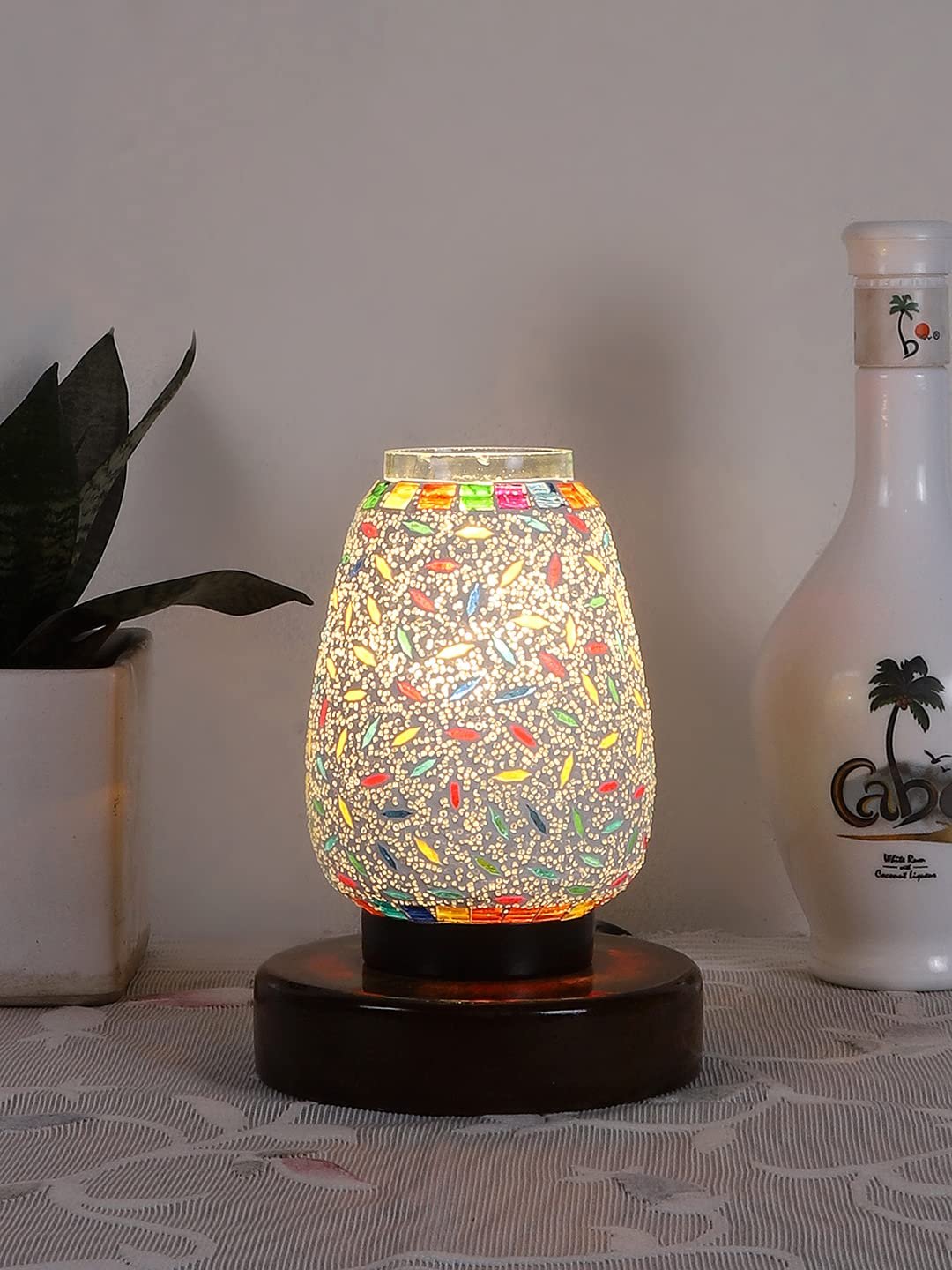 Brown Round Wood Multicolor Mosaic Glass Table Lamp FD43