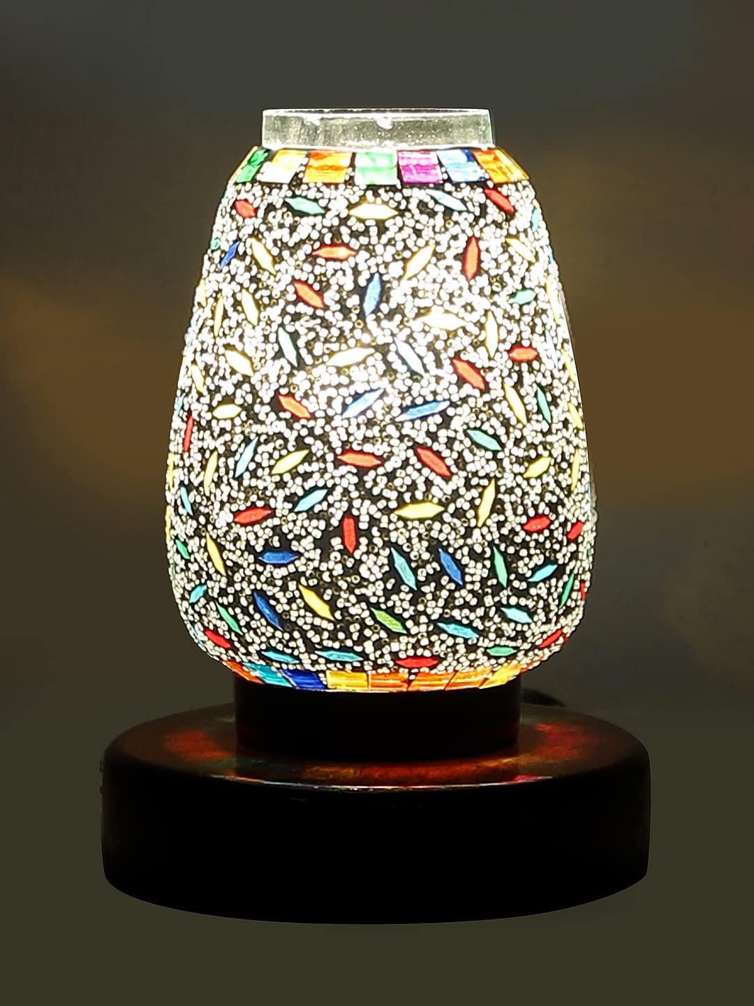 Brown Round Wood Multicolor Mosaic Glass Table Lamp FD43