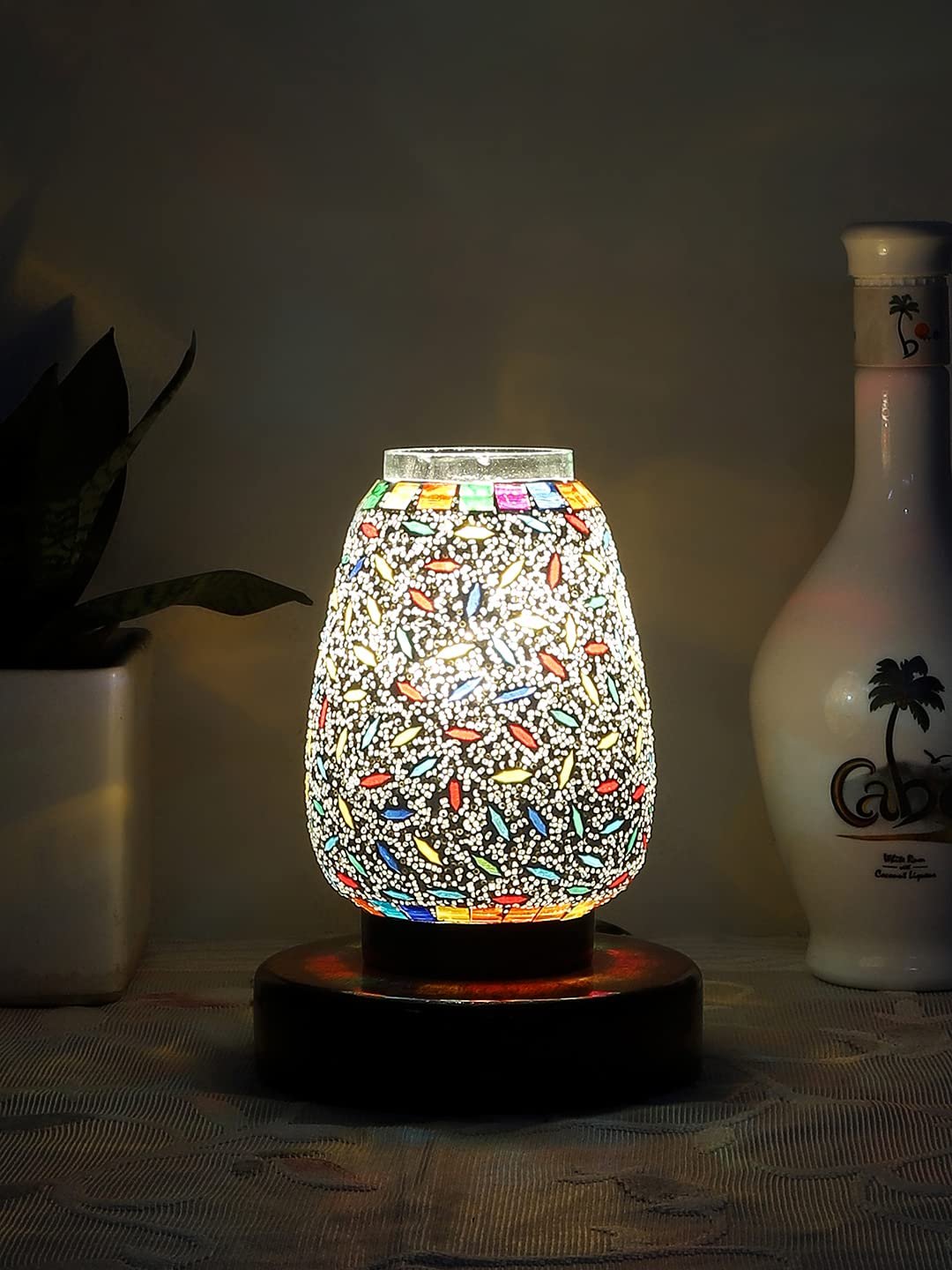 Brown Round Wood Multicolor Mosaic Glass Table Lamp FD43
