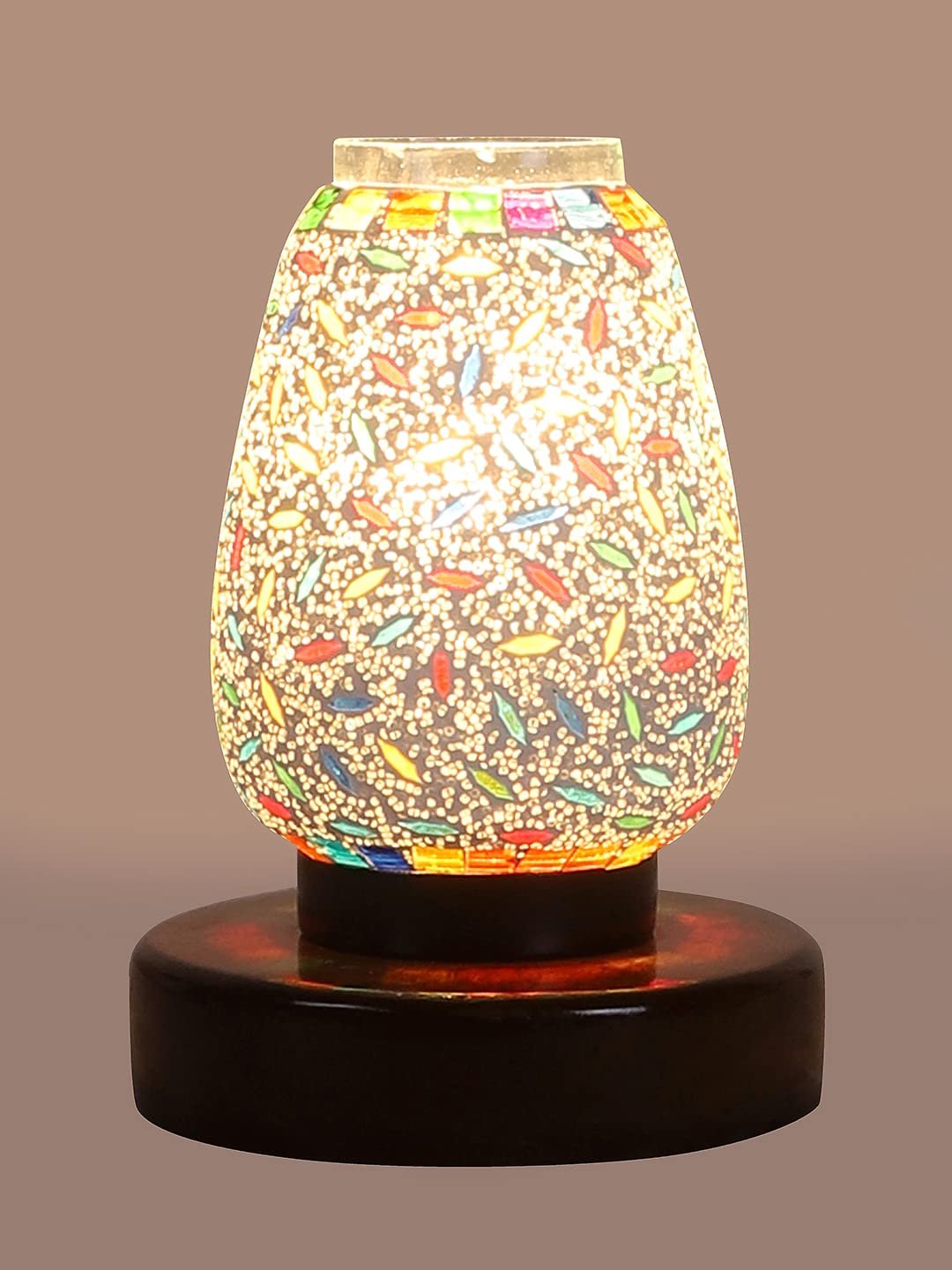 Brown Round Wood Multicolor Mosaic Glass Table Lamp FD43