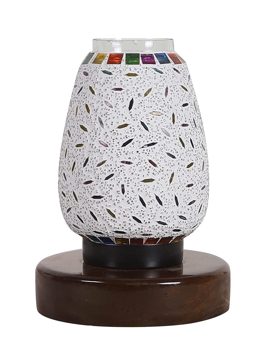 Brown Round Wood Multicolor Mosaic Glass Table Lamp FD43