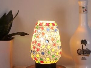 Brown Round Wood Multicolor Mosaic Glass Table Lamp -FD44