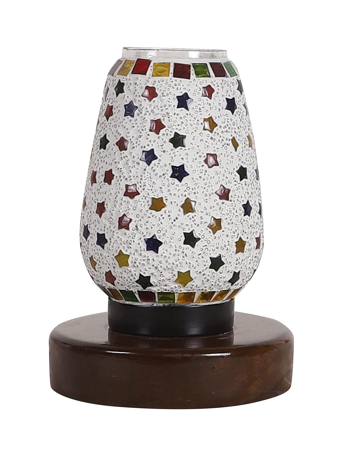 Brown Round Wood Multicolor Mosaic Glass Table Lamp -FD44
