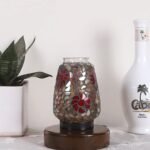 Brown Round Wood Multicolor Mosaic Glass Table Lamp -FD45