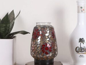 Brown Round Wood Multicolor Mosaic Glass Table Lamp -FD45