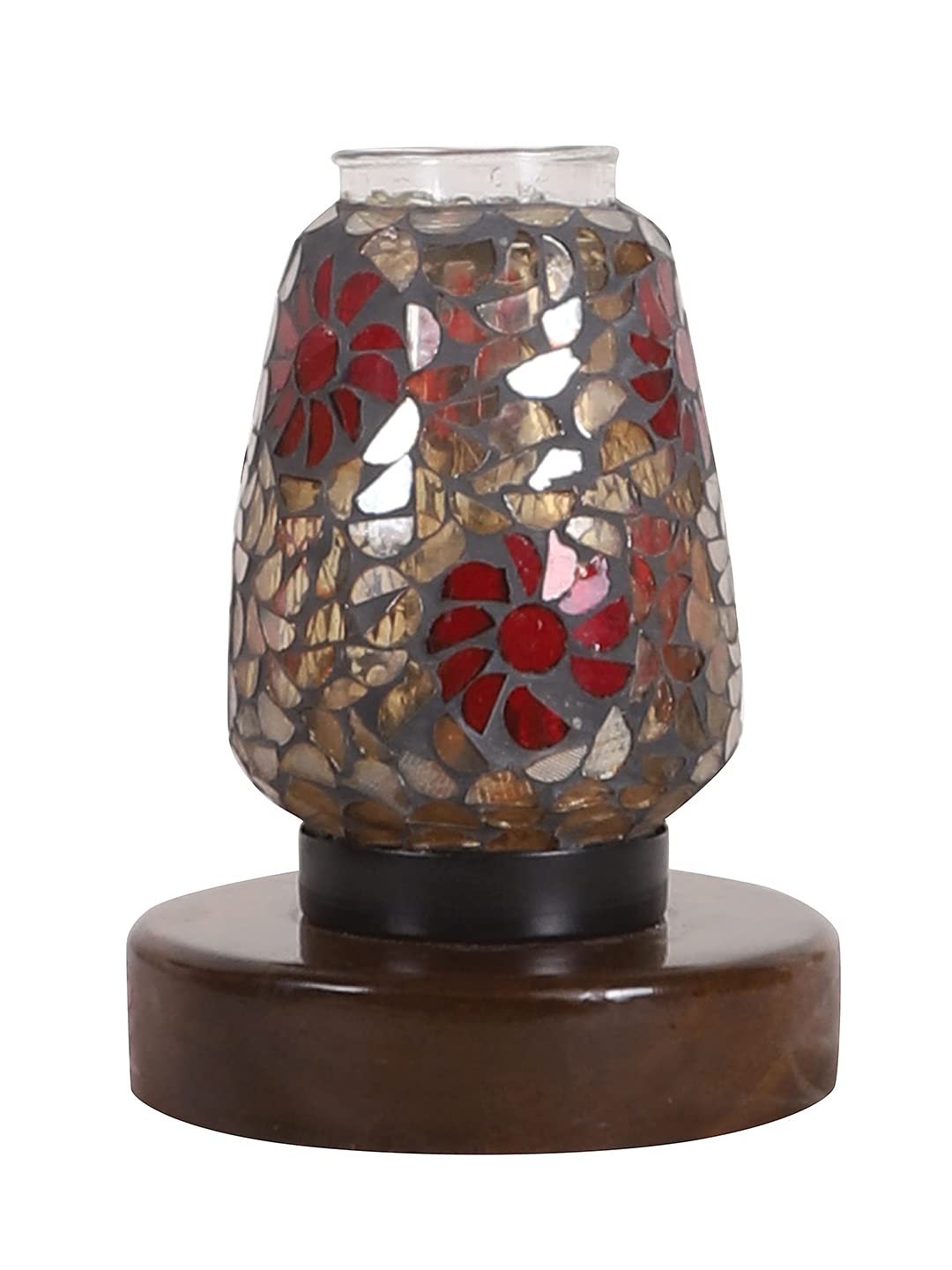 Brown Round Wood Multicolor Mosaic Glass Table Lamp -FD45