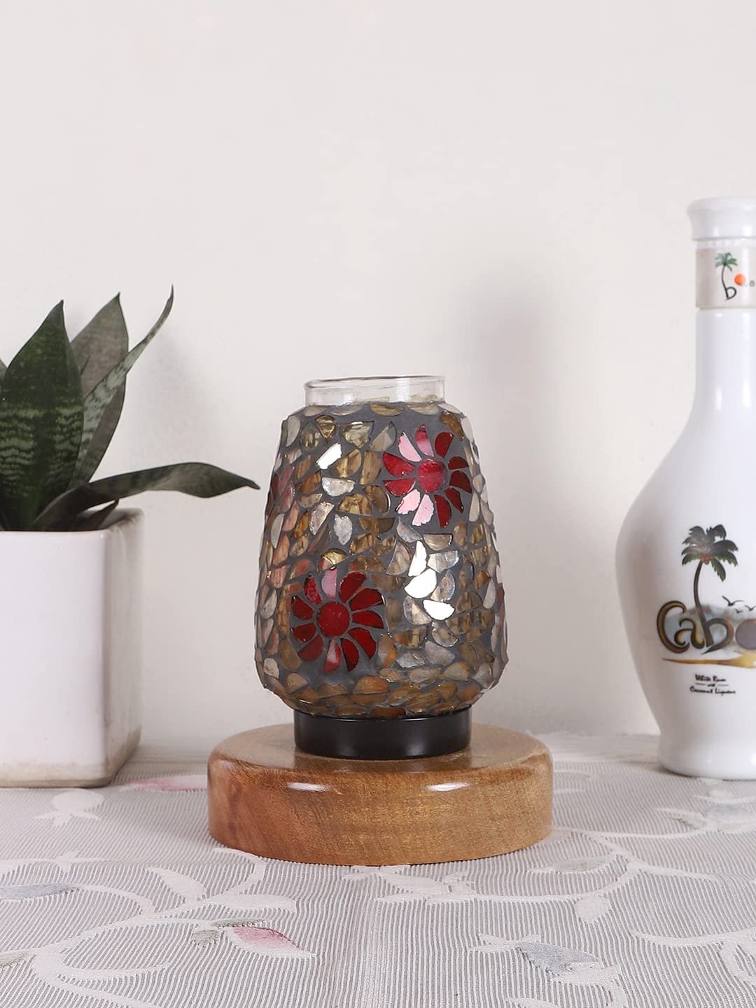 Natural Round Wood Multicolor Mosaic Glass Table Lamp -FD46