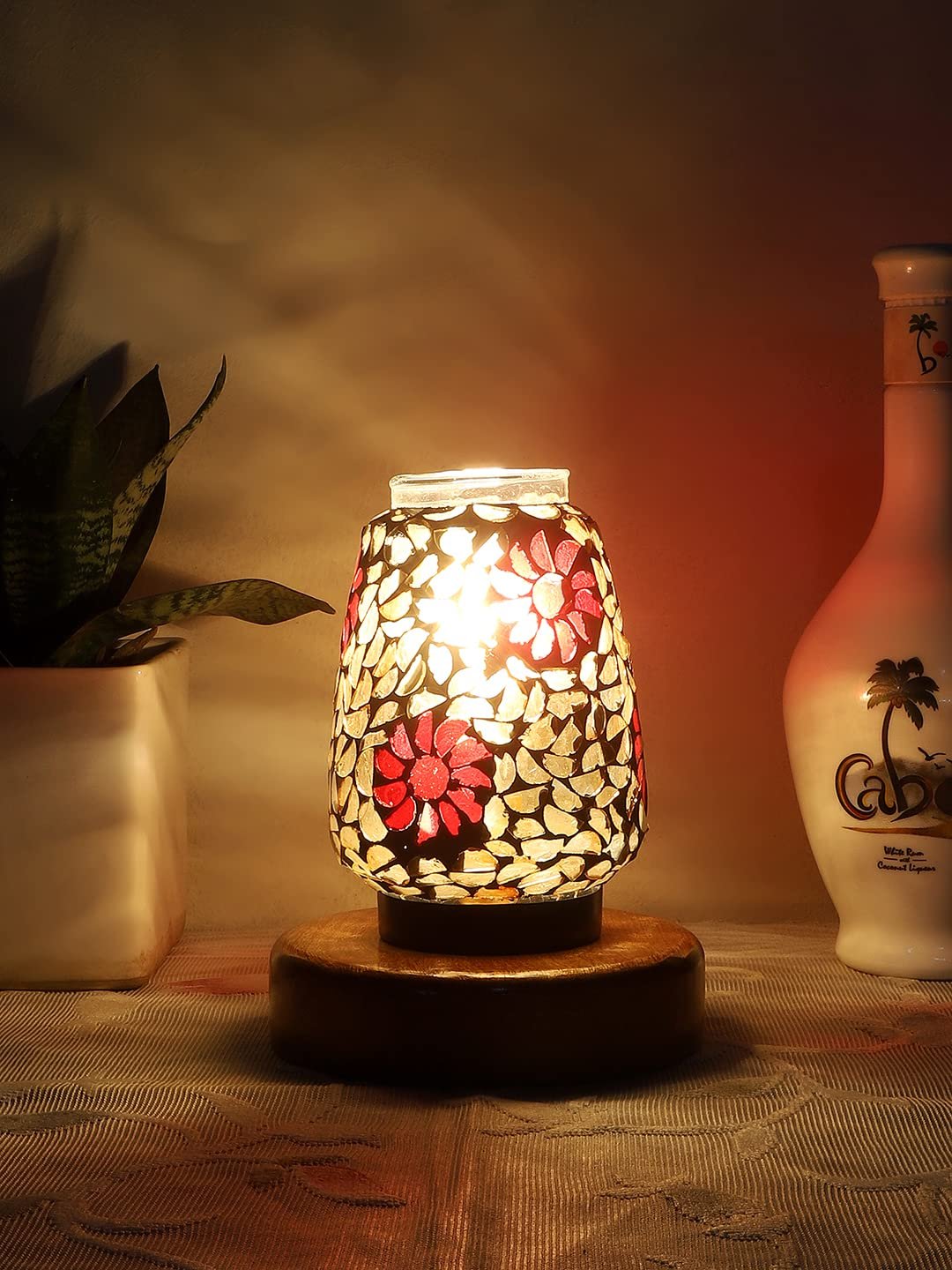 Natural Round Wood Multicolor Mosaic Glass Table Lamp -FD46