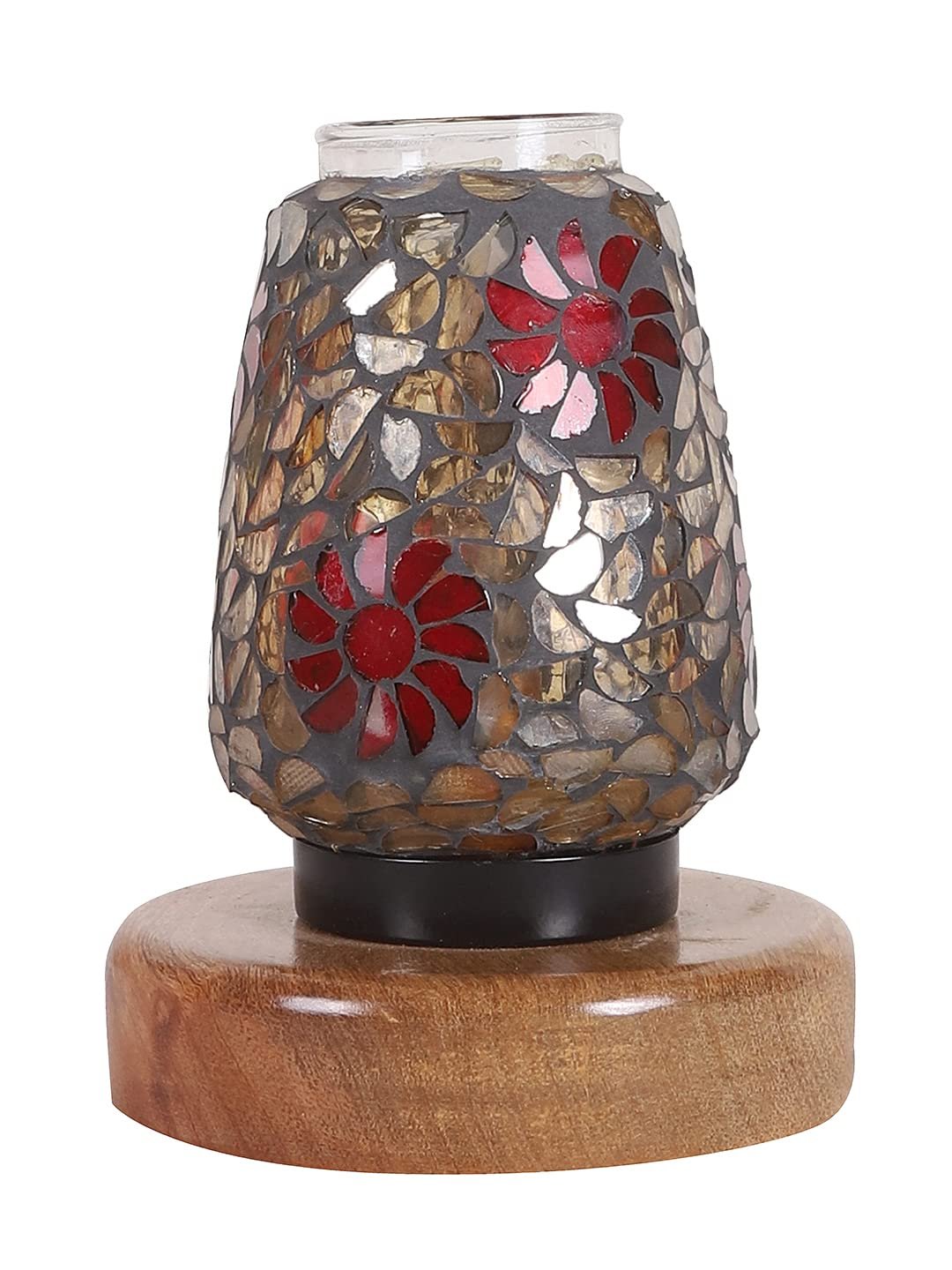 Natural Round Wood Multicolor Mosaic Glass Table Lamp -FD46