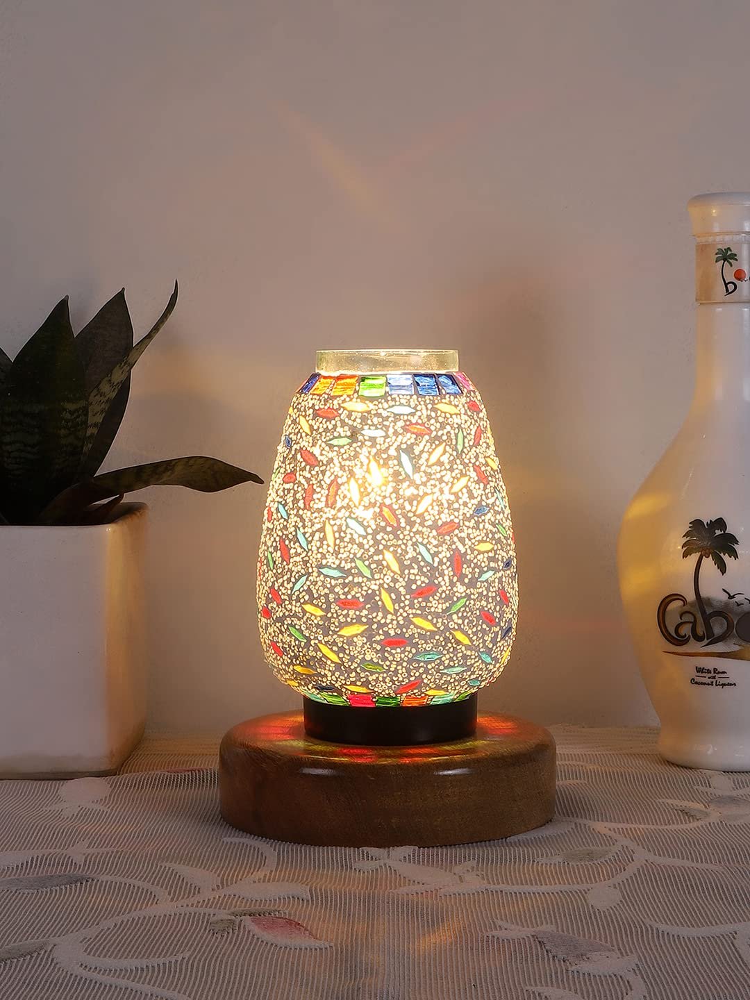 Natural Round Wood Multicolor Mosaic Glass Table Lamp -FD47