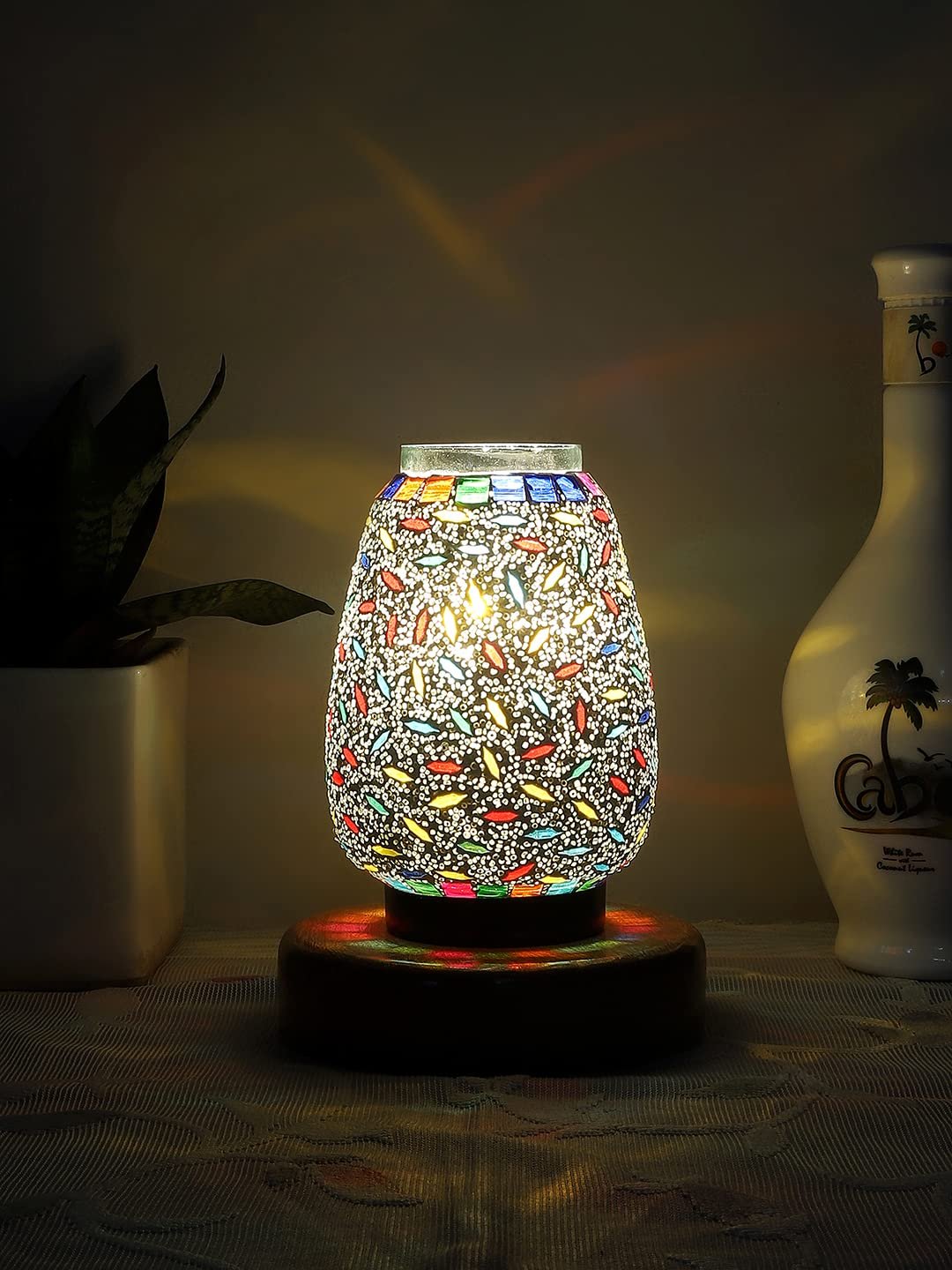 Natural Round Wood Multicolor Mosaic Glass Table Lamp -FD47