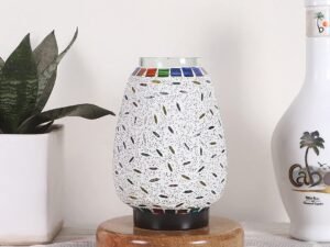 Natural Round Wood Multicolor Mosaic Glass Table Lamp -FD47