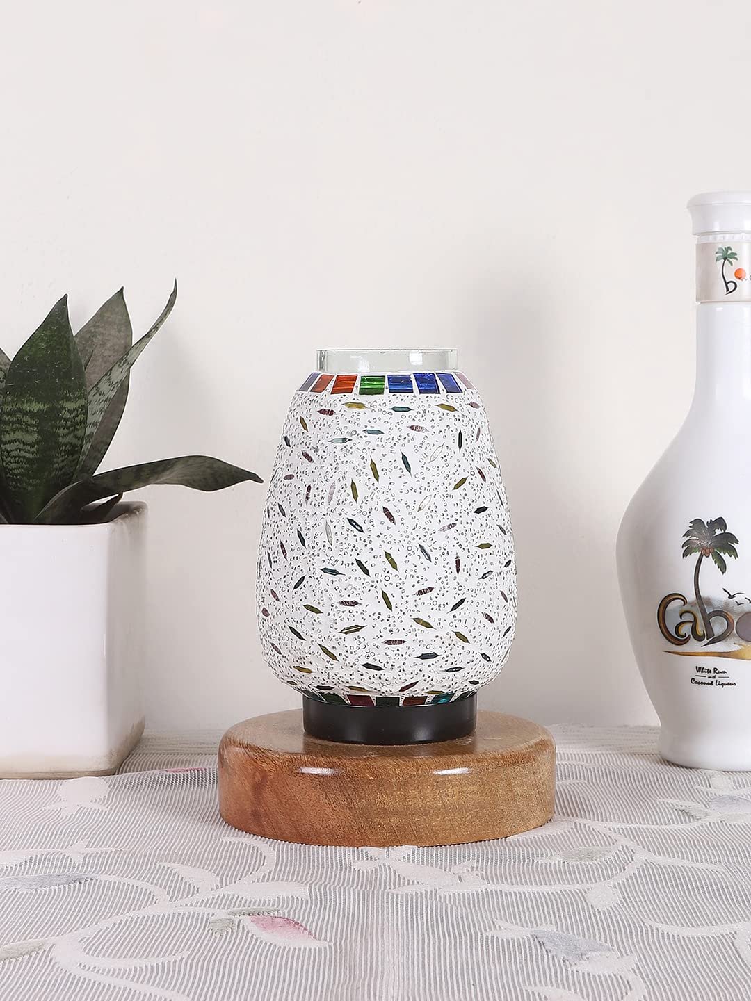 Natural Round Wood Multicolor Mosaic Glass Table Lamp -FD47