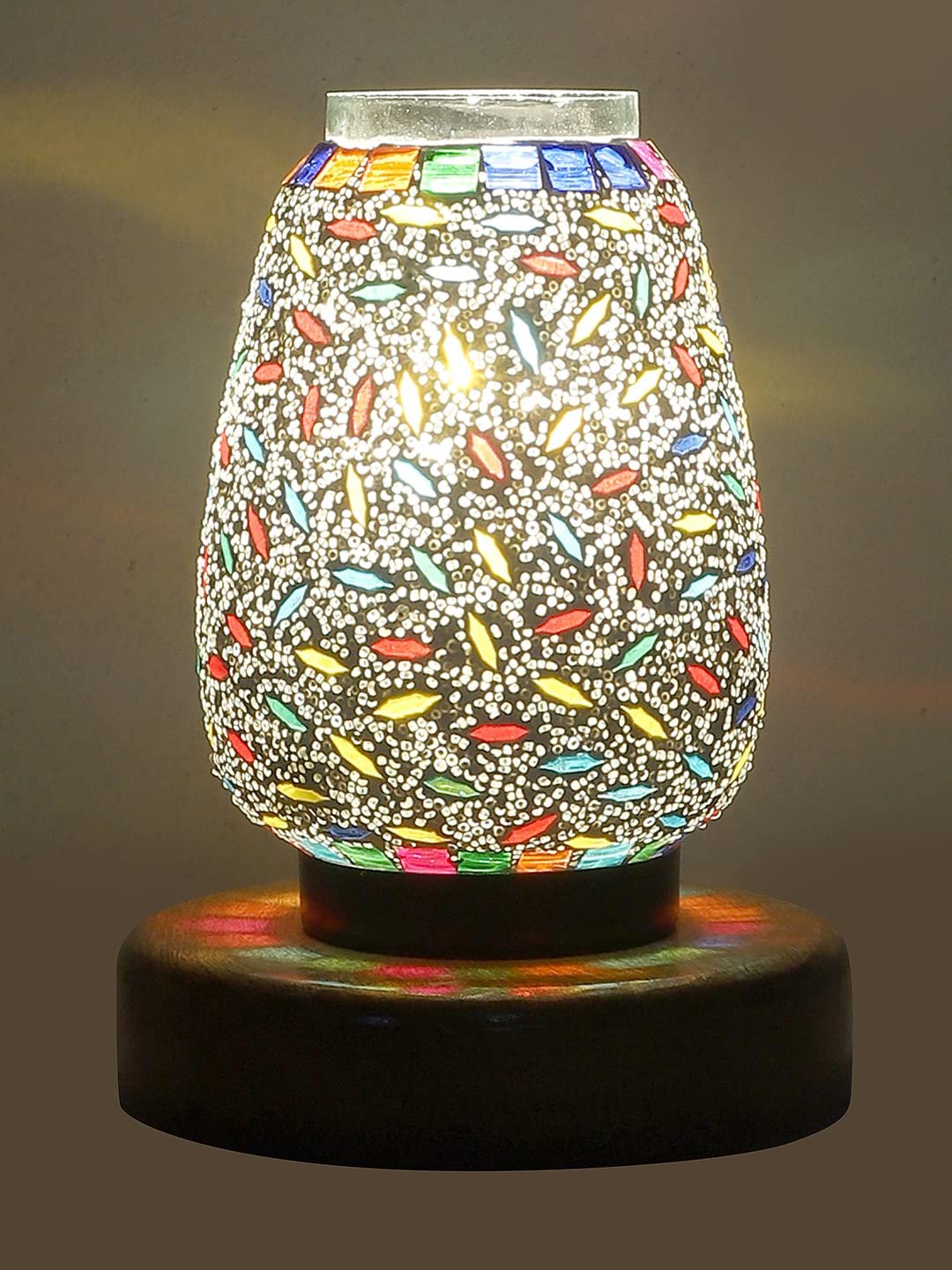 Natural Round Wood Multicolor Mosaic Glass Table Lamp -FD47