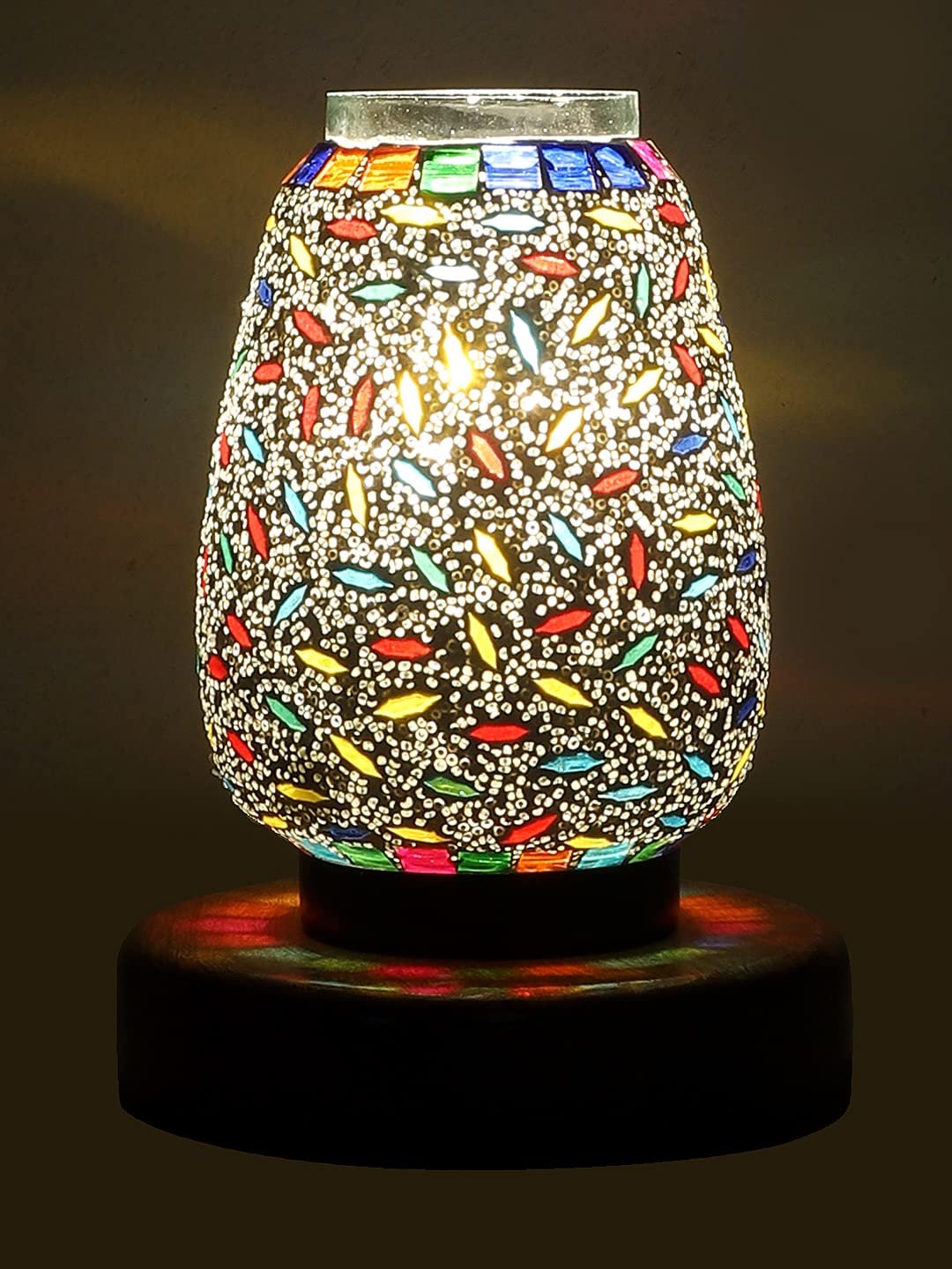 Natural Round Wood Multicolor Mosaic Glass Table Lamp -FD47