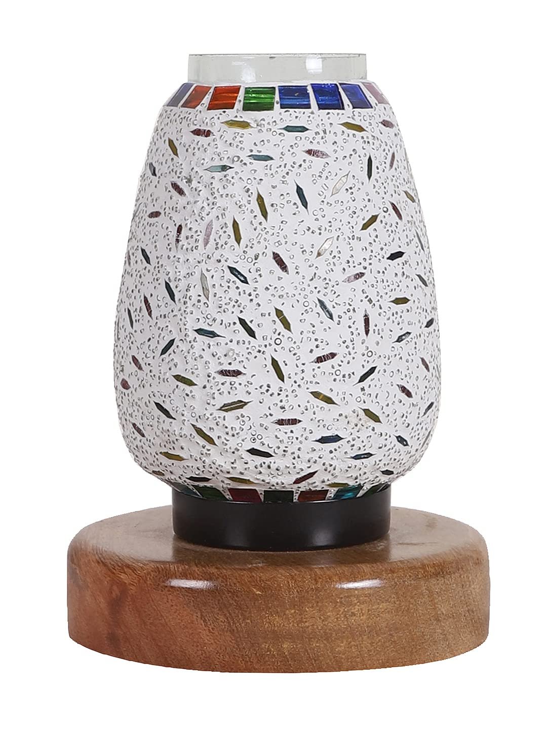 Natural Round Wood Multicolor Mosaic Glass Table Lamp -FD47