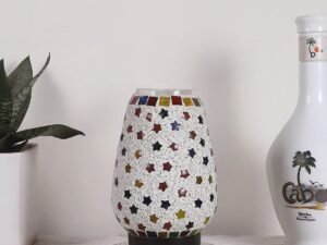 White Brushed Round Wood Multicolor Mosaic Glass Table Lamp -FD49