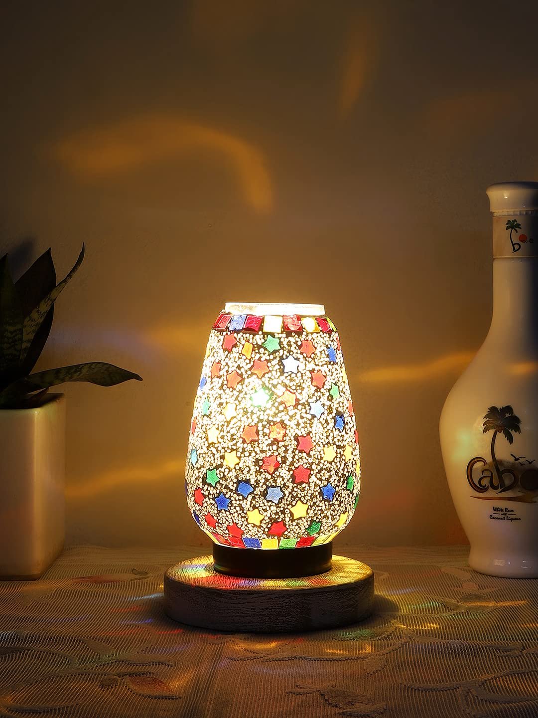 White Brushed Round Wood Multicolor Mosaic Glass Table Lamp -FD49