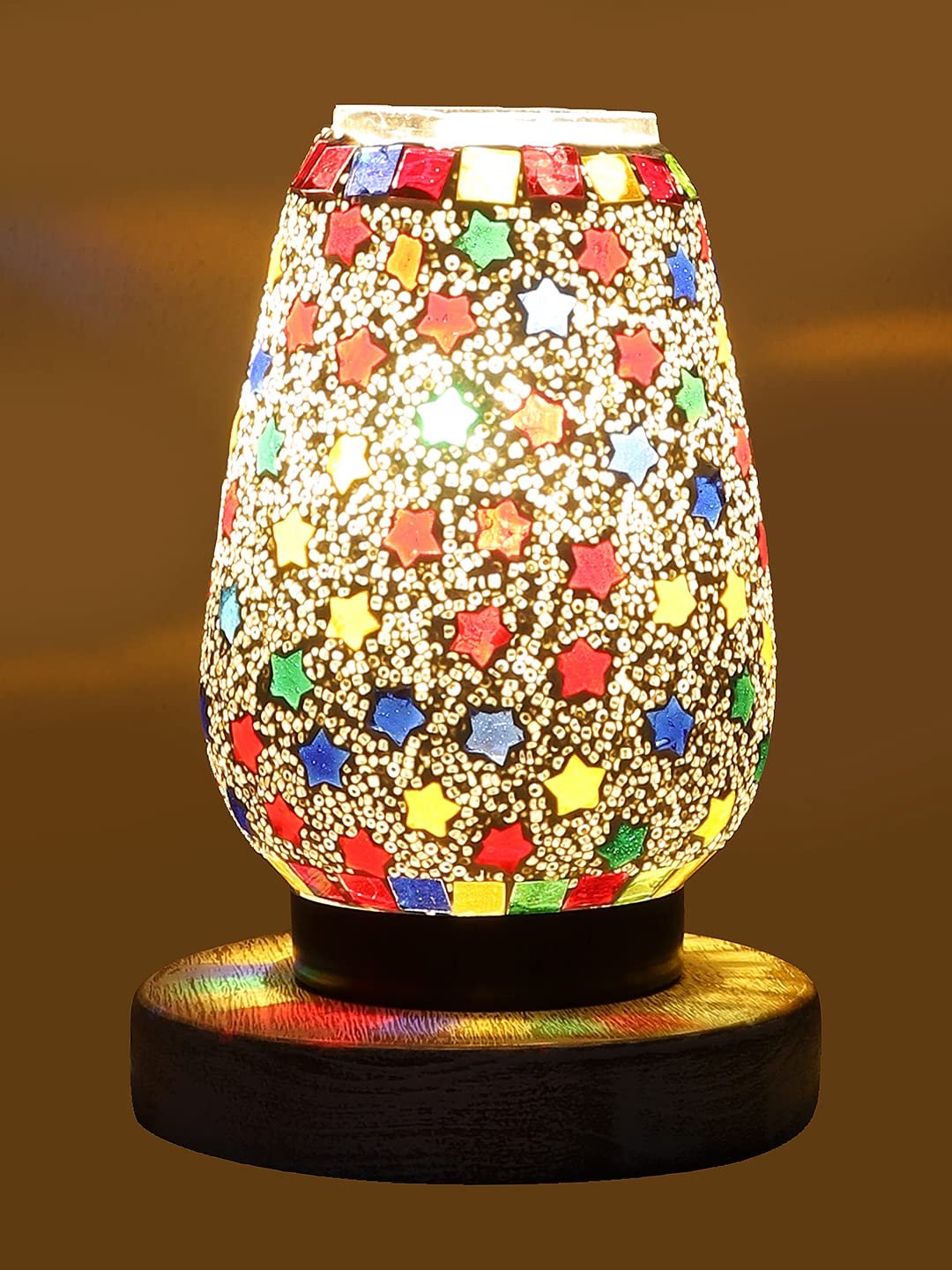 White Brushed Round Wood Multicolor Mosaic Glass Table Lamp -FD49