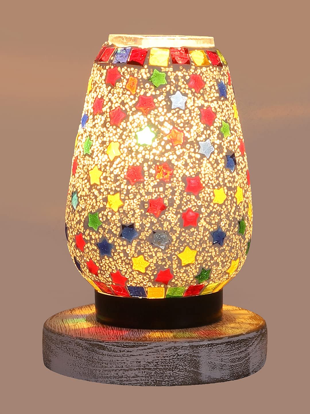 White Brushed Round Wood Multicolor Mosaic Glass Table Lamp -FD49