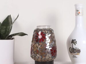 White Brushed Round Wood Multicolor Mosaic Glass Table Lamp -FD50